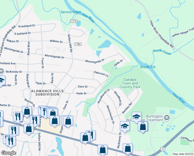 map of restaurants, bars, coffee shops, grocery stores, and more near 2552 McKinney Street in Burlington