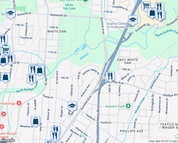 map of restaurants, bars, coffee shops, grocery stores, and more near 1616 Sunrise Valley Drive in Greensboro