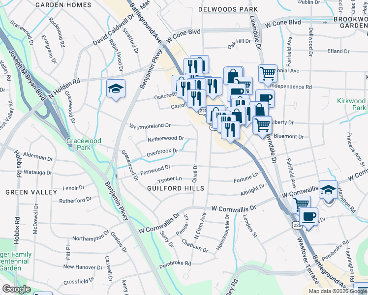 map of restaurants, bars, coffee shops, grocery stores, and more near 2500 Overbrook Drive in Greensboro