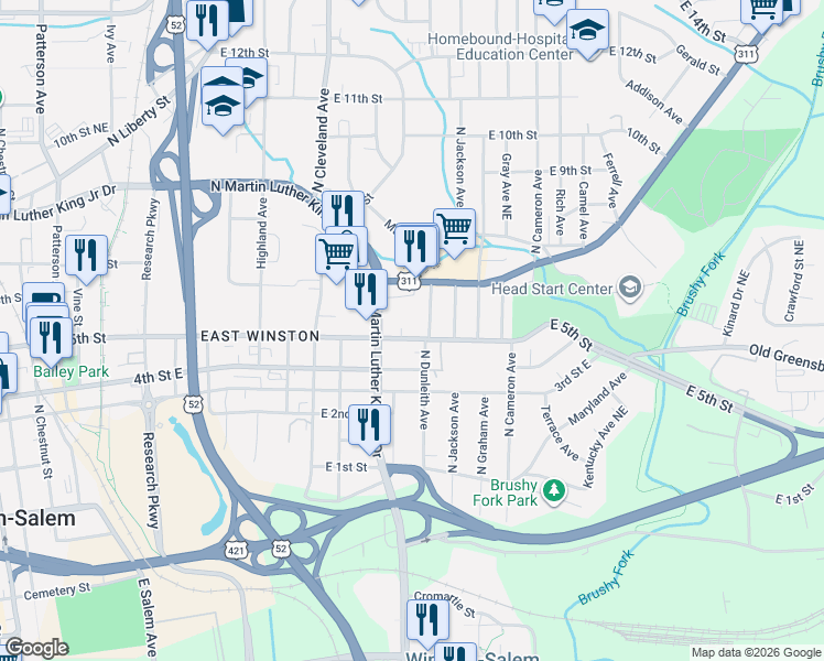 map of restaurants, bars, coffee shops, grocery stores, and more near 1435 5th Street Northeast in Winston-Salem