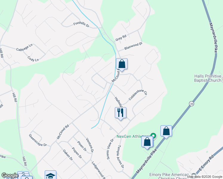 map of restaurants, bars, coffee shops, grocery stores, and more near 4508 Brittany Hills Way in Knoxville
