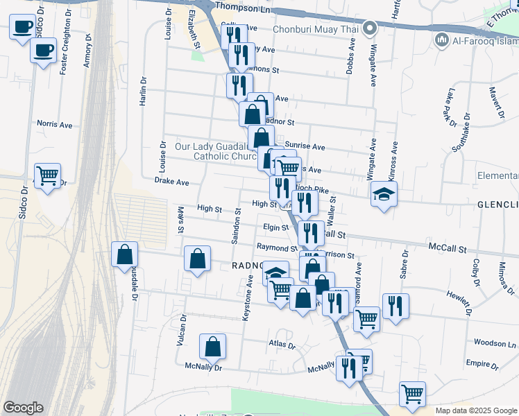 map of restaurants, bars, coffee shops, grocery stores, and more near 411 High Street in Nashville