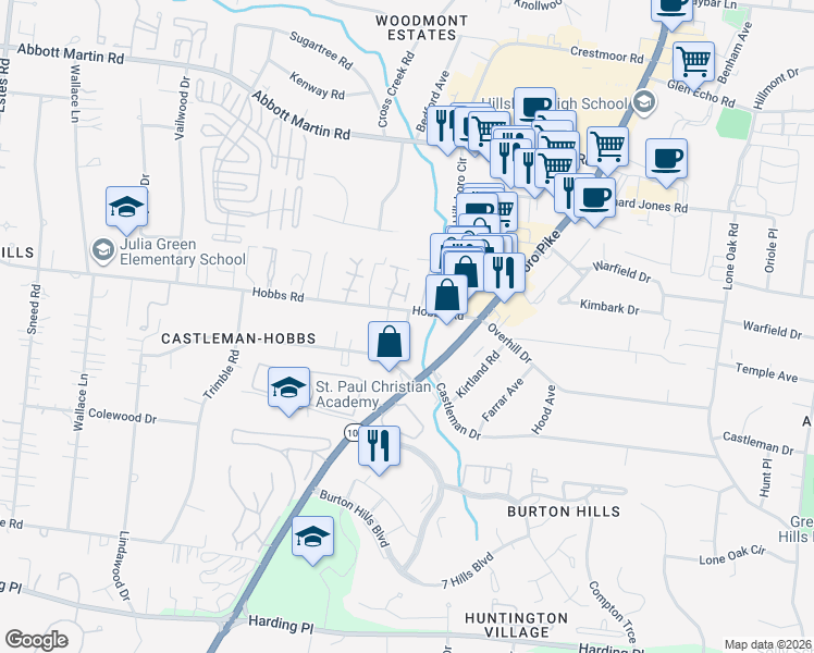 map of restaurants, bars, coffee shops, grocery stores, and more near 4207 Stammer Place in Nashville