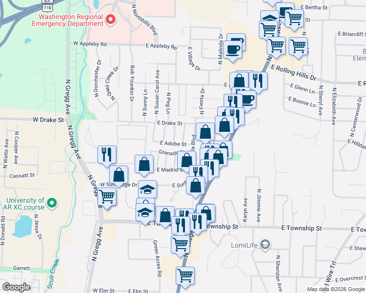 map of restaurants, bars, coffee shops, grocery stores, and more near 270 Granada Street in Fayetteville