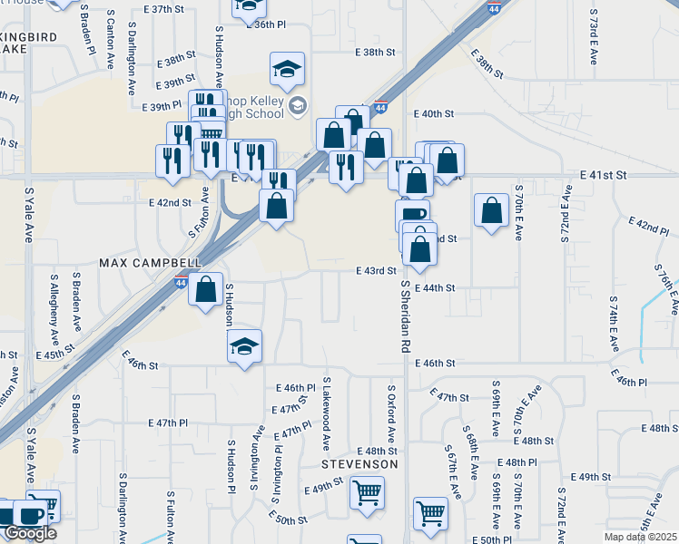 map of restaurants, bars, coffee shops, grocery stores, and more near 4303 South Maplewood Avenue in Tulsa