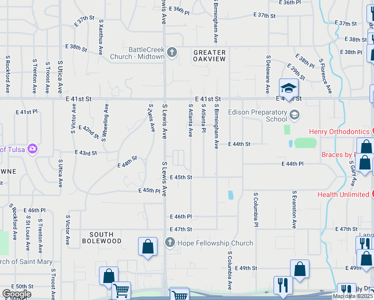 map of restaurants, bars, coffee shops, grocery stores, and more near 4402 South Lewis Court in Tulsa