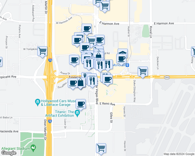 map of restaurants, bars, coffee shops, grocery stores, and more near 2001 East Tropicana Avenue in Las Vegas