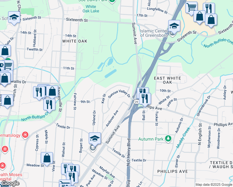 map of restaurants, bars, coffee shops, grocery stores, and more near 1616 Sunrise Valley Drive in Greensboro