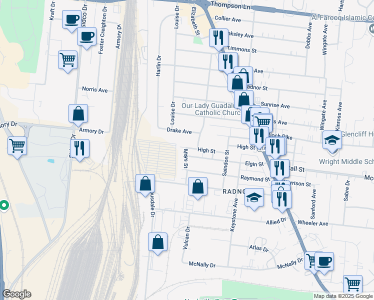 map of restaurants, bars, coffee shops, grocery stores, and more near 525 High Street in Nashville