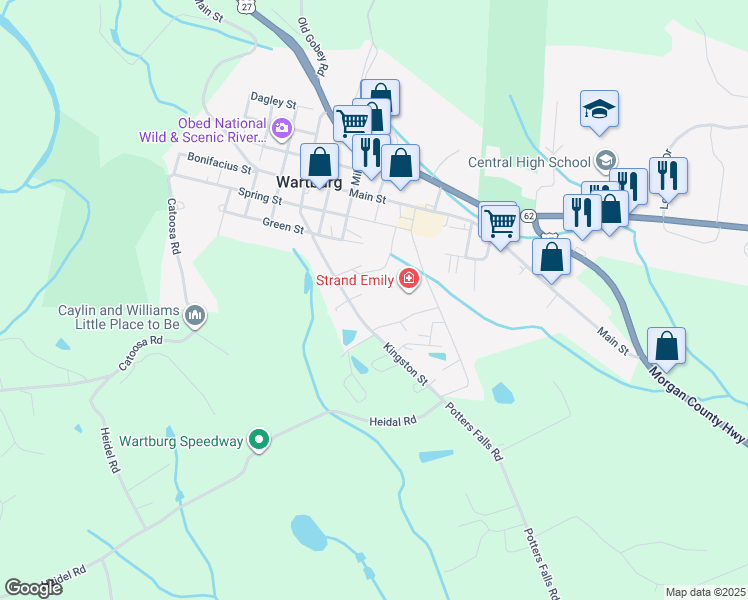 map of restaurants, bars, coffee shops, grocery stores, and more near 419 South Kingston Street in Wartburg