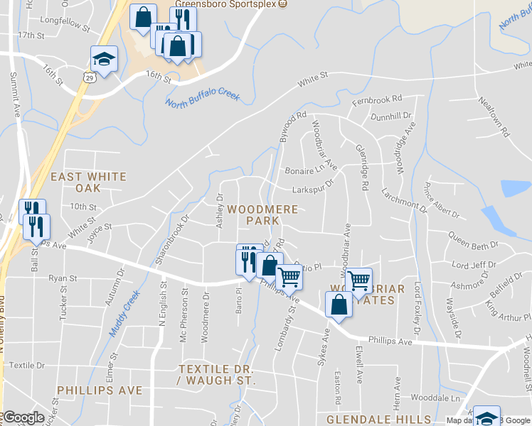 map of restaurants, bars, coffee shops, grocery stores, and more near 1945 Drexel Road in Greensboro