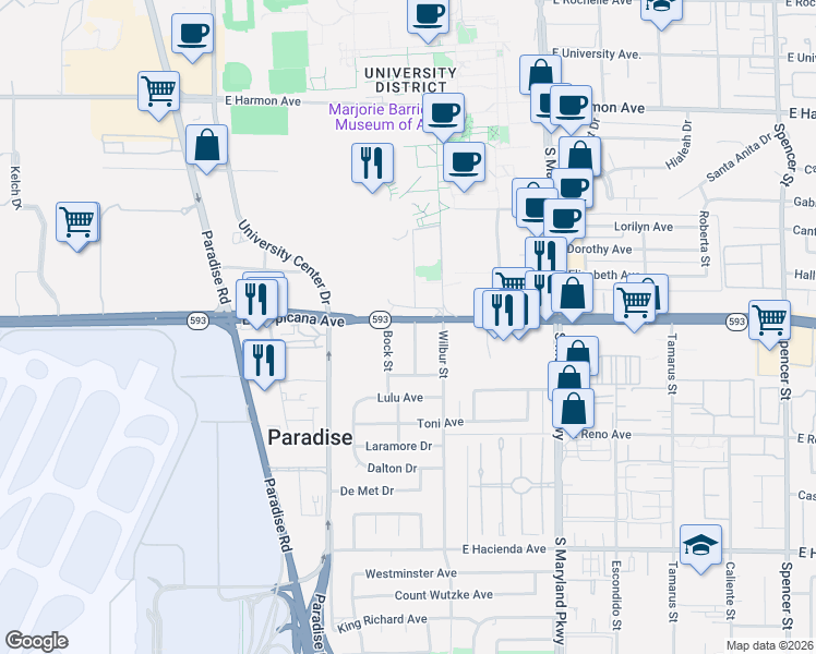 map of restaurants, bars, coffee shops, grocery stores, and more near 919 East Tropicana Avenue in Las Vegas