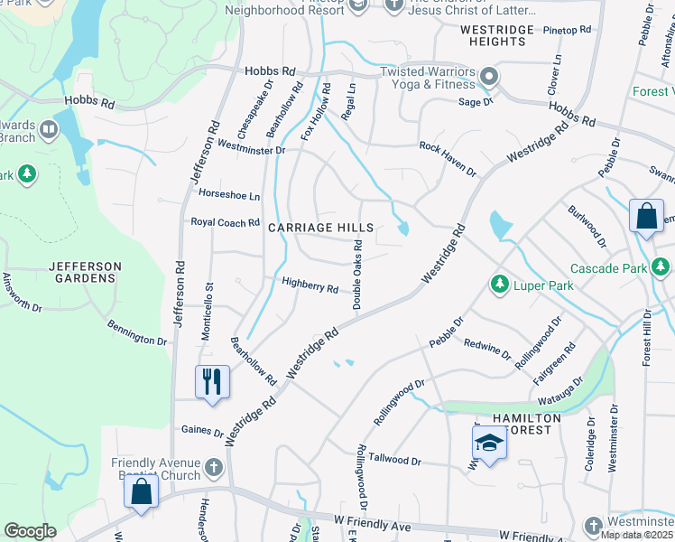 map of restaurants, bars, coffee shops, grocery stores, and more near 1505 Fox Hollow Road in Greensboro