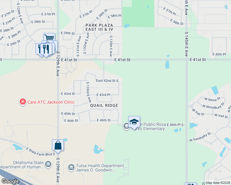 map of restaurants, bars, coffee shops, grocery stores, and more near 4321 South 135th East Avenue in Tulsa