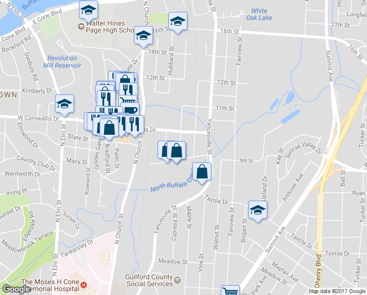 map of restaurants, bars, coffee shops, grocery stores, and more near 2108 Cypress Street in Greensboro