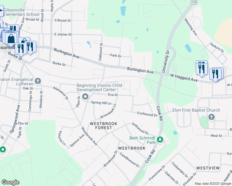 map of restaurants, bars, coffee shops, grocery stores, and more near 137 Eva Drive in Gibsonville