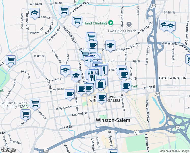 map of restaurants, bars, coffee shops, grocery stores, and more near 527 North Cherry Street in Winston-Salem