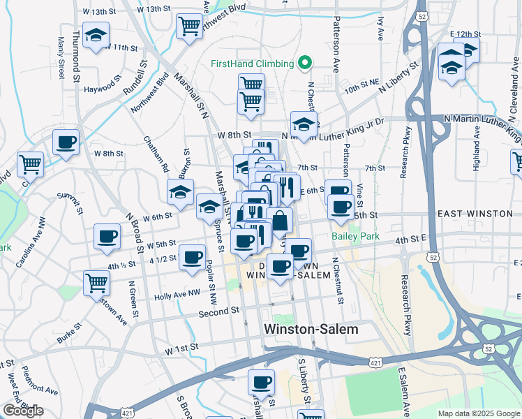 map of restaurants, bars, coffee shops, grocery stores, and more near 530 Trade Street Northwest in Winston-Salem