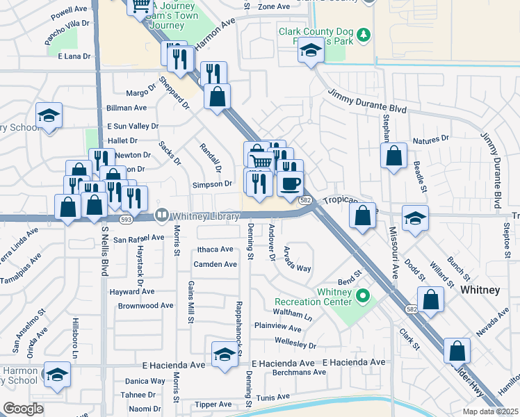 map of restaurants, bars, coffee shops, grocery stores, and more near 5500 East Tropicana Avenue in Las Vegas