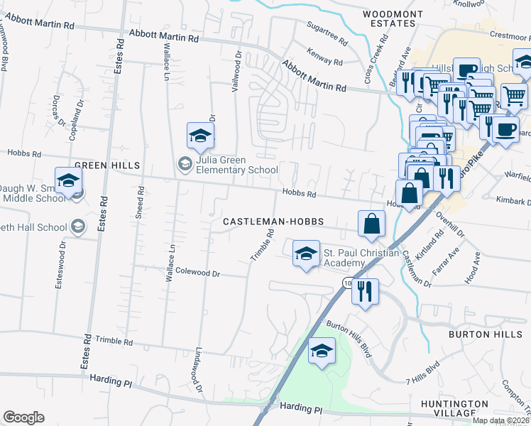 map of restaurants, bars, coffee shops, grocery stores, and more near 2306 Castleman Drive in Nashville