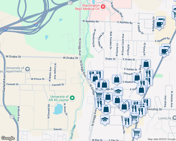 map of restaurants, bars, coffee shops, grocery stores, and more near 2705 North Club Drive in Fayetteville