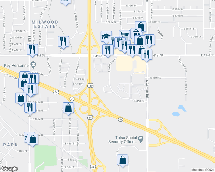 map of restaurants, bars, coffee shops, grocery stores, and more near 4370 South 109th Avenue East in Tulsa