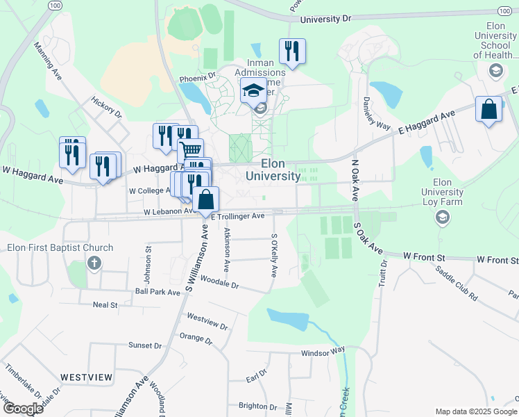 map of restaurants, bars, coffee shops, grocery stores, and more near 112 East Lebanon Avenue in Elon