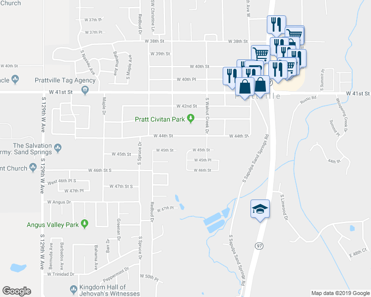 map of restaurants, bars, coffee shops, grocery stores, and more near 4502 Stevens Avenue in Sand Springs