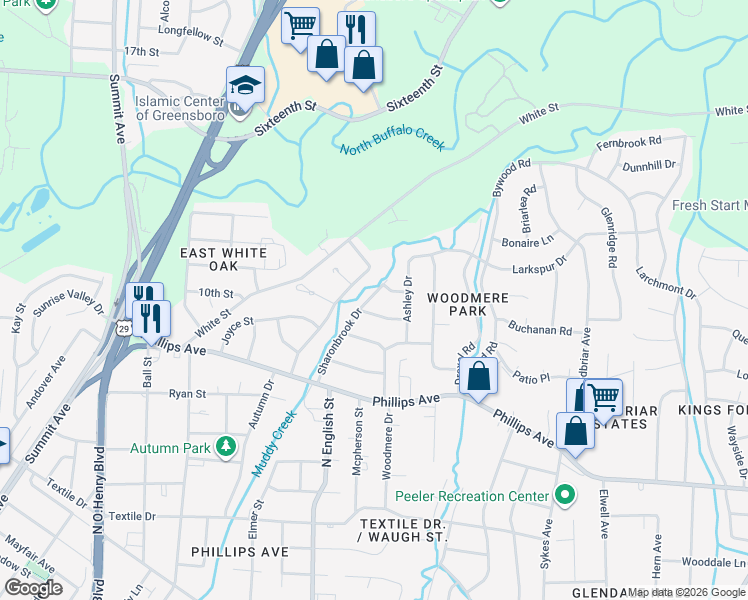 map of restaurants, bars, coffee shops, grocery stores, and more near 1907 Weyland Drive in Greensboro