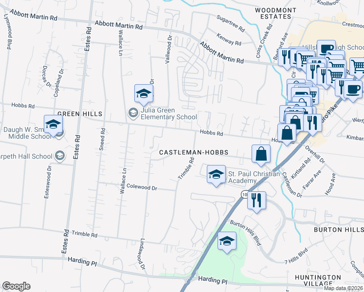 map of restaurants, bars, coffee shops, grocery stores, and more near 2306 Castleman Drive in Nashville