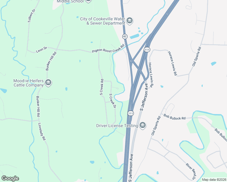 map of restaurants, bars, coffee shops, grocery stores, and more near 4436 South Creek Drive in Cookeville