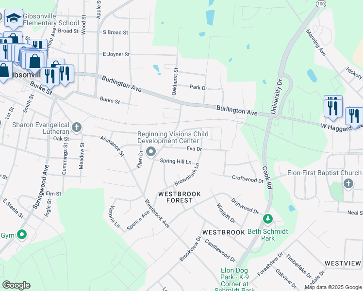 map of restaurants, bars, coffee shops, grocery stores, and more near 115 Eva Drive in Gibsonville