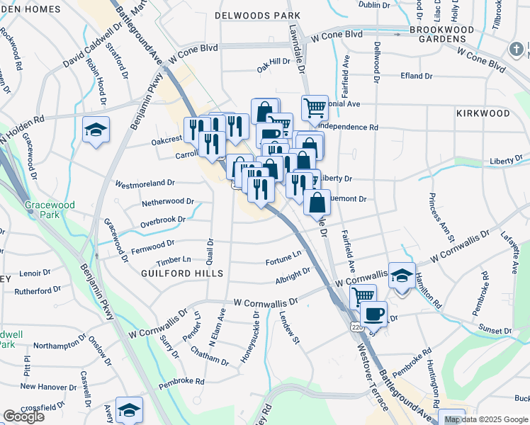 map of restaurants, bars, coffee shops, grocery stores, and more near 2301 Battleground Ave in Greensboro