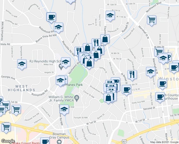 map of restaurants, bars, coffee shops, grocery stores, and more near 1405 Pilot View Street in Winston-Salem