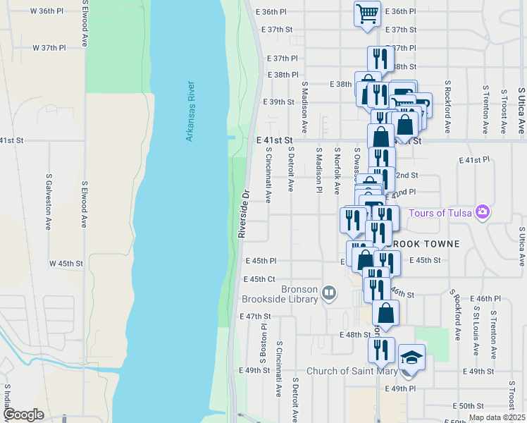 map of restaurants, bars, coffee shops, grocery stores, and more near 4303 South Cincinnati Avenue in Tulsa