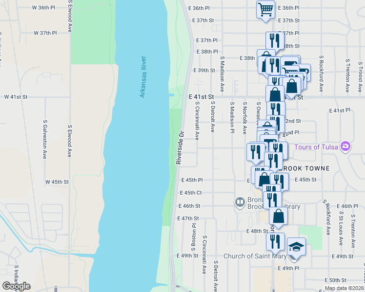 map of restaurants, bars, coffee shops, grocery stores, and more near 111 East 43rd Place in Tulsa