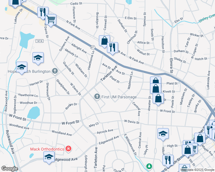 map of restaurants, bars, coffee shops, grocery stores, and more near 1340 Springdale Drive in Burlington