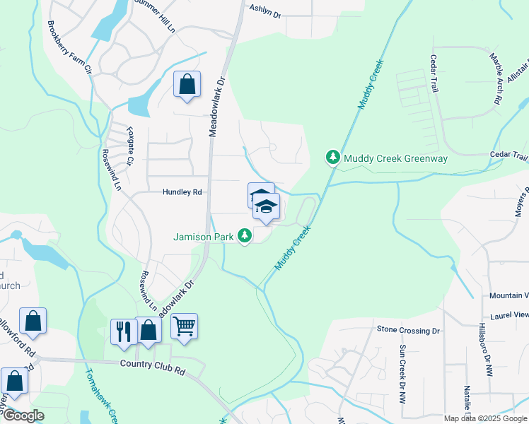 map of restaurants, bars, coffee shops, grocery stores, and more near 301 Meadowlark Drive in Winston-Salem
