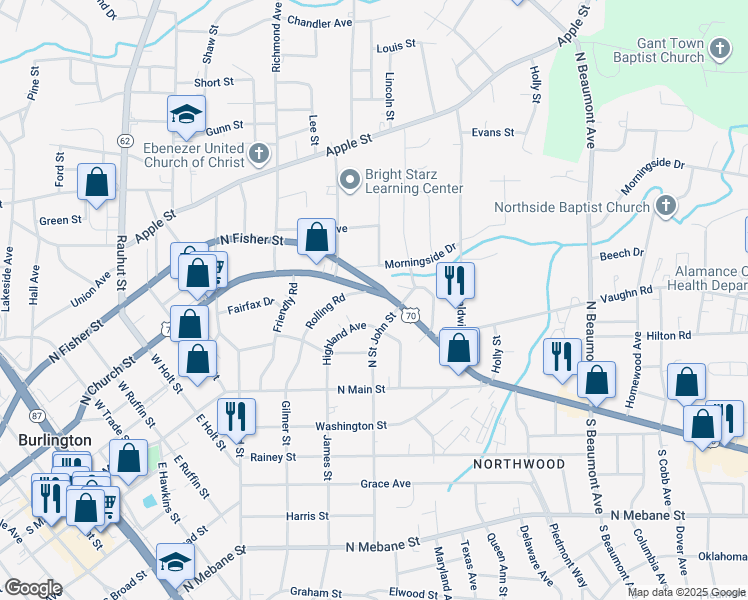 map of restaurants, bars, coffee shops, grocery stores, and more near 917 North Church Street in Burlington