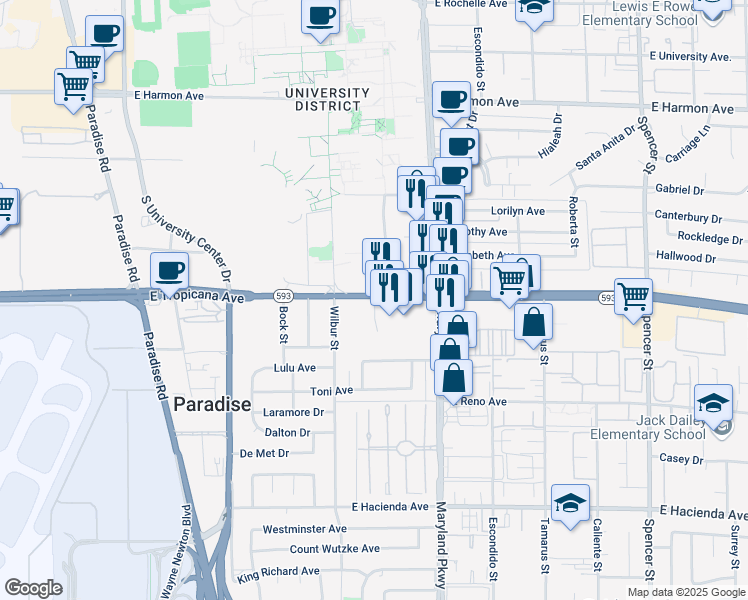 map of restaurants, bars, coffee shops, grocery stores, and more near 1079 East Tropicana Avenue in Las Vegas