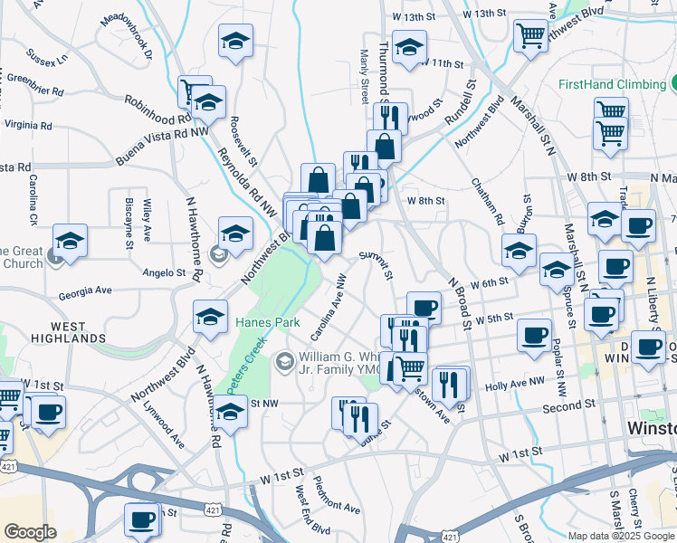 map of restaurants, bars, coffee shops, grocery stores, and more near 1405 Pilot View Street in Winston-Salem