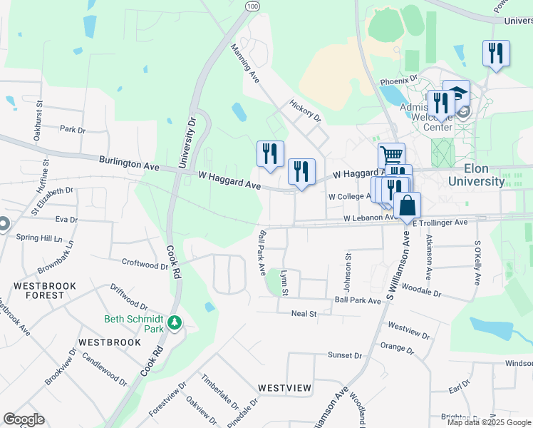 map of restaurants, bars, coffee shops, grocery stores, and more near 1000 Saint John's Street in Elon
