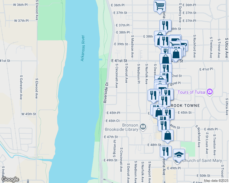 map of restaurants, bars, coffee shops, grocery stores, and more near 4303 South Cincinnati Avenue in Tulsa