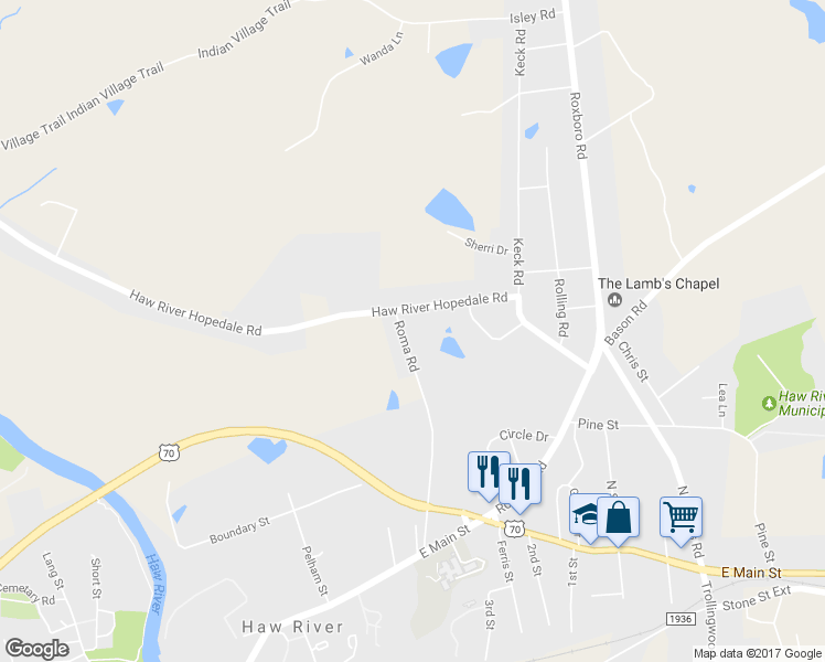 map of restaurants, bars, coffee shops, grocery stores, and more near 419 Roma Road in Haw River