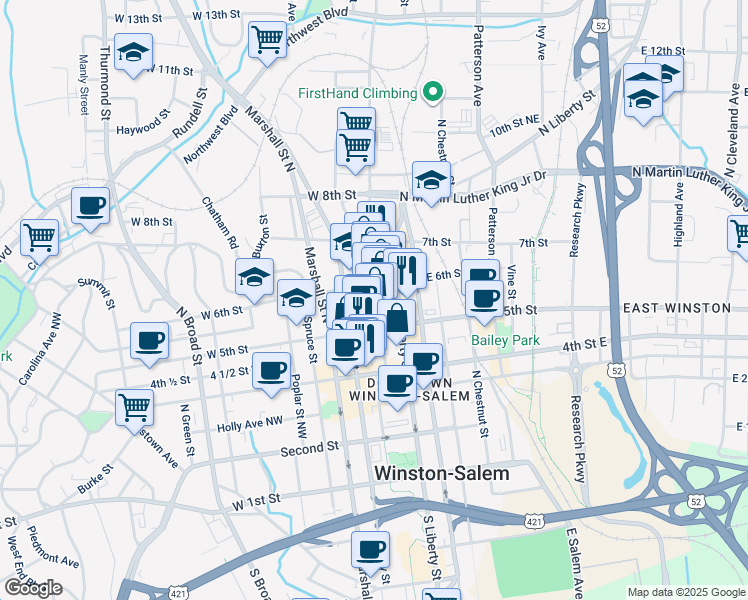 map of restaurants, bars, coffee shops, grocery stores, and more near 530 Trade Street Northwest in Winston-Salem