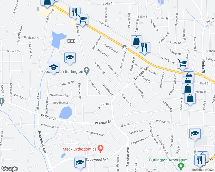 map of restaurants, bars, coffee shops, grocery stores, and more near 1517 West Davis Street in Burlington