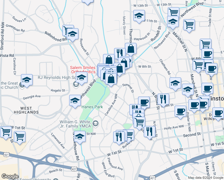 map of restaurants, bars, coffee shops, grocery stores, and more near 496 West End Boulevard in Winston-Salem