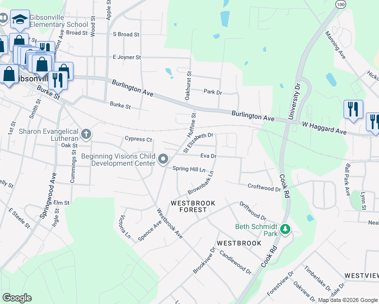 map of restaurants, bars, coffee shops, grocery stores, and more near 110 Eva Drive in Gibsonville