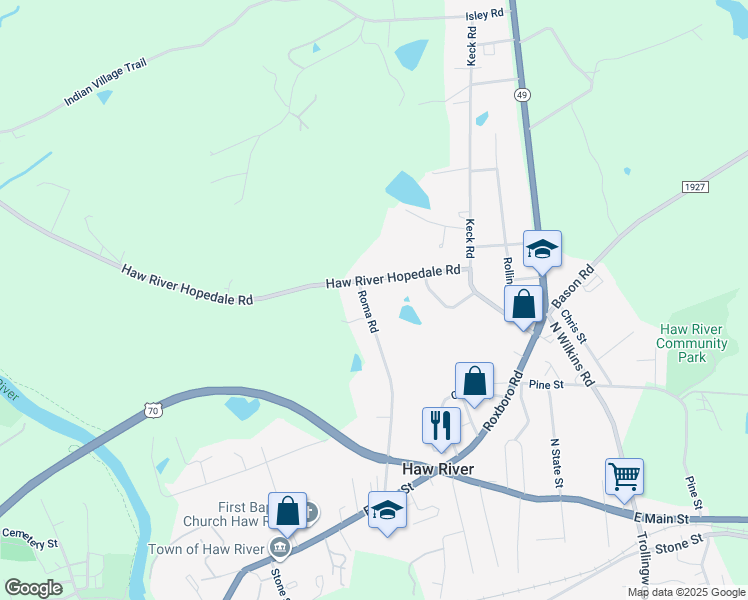 map of restaurants, bars, coffee shops, grocery stores, and more near 419 Roma Road in Haw River