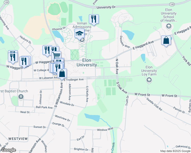 map of restaurants, bars, coffee shops, grocery stores, and more near 103 North Antioch Avenue in Elon